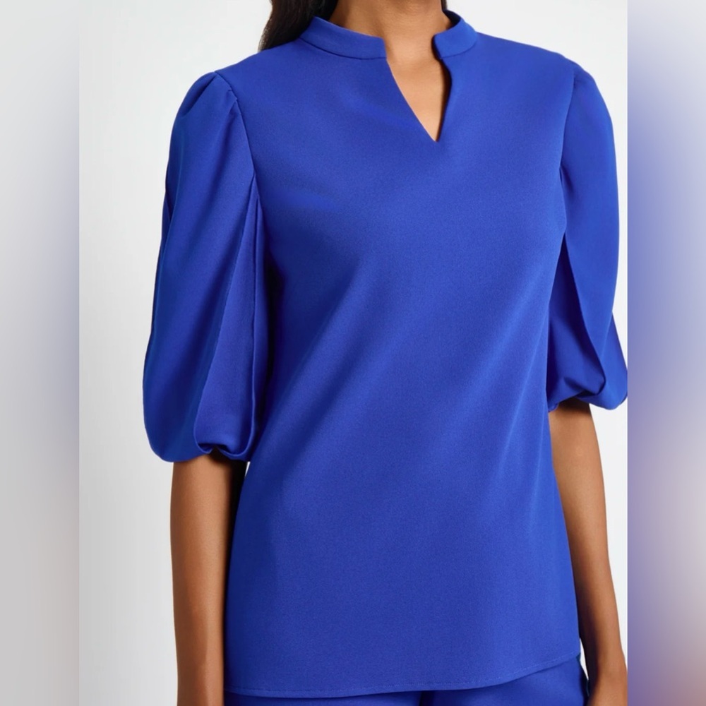 Ming Wang Sapphire Sea Deco Crepe Puff Sleeve Blouse Quiet Luxury Office Medium